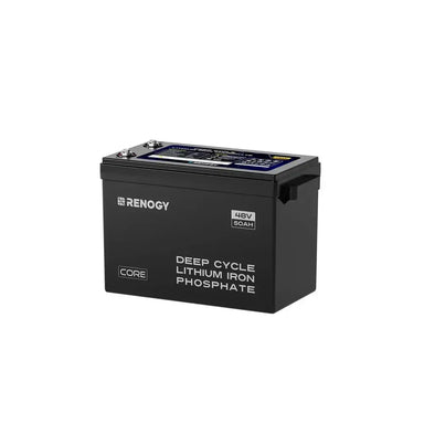 Renogy Core Series 48V 50Ah Deep Cycle Lithium Iron Phosphate battery product shot against a white background showing top terminals and labeling.
