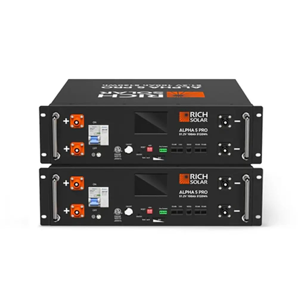 Two stacked Rich Solar Alpha 5 Pro 51.2V 100Ah 5120Wh server rack lithium iron phosphate (LiFePO4) solar batteries with built-in breakers.
