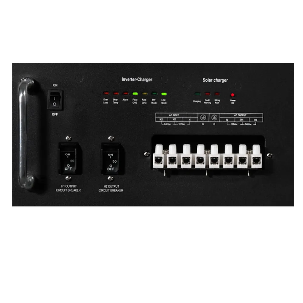 Front control panel of AIMS Power AIO-12V 5.58kWh solar generator with inverter charger, solar charger, breakers, and AC terminals.