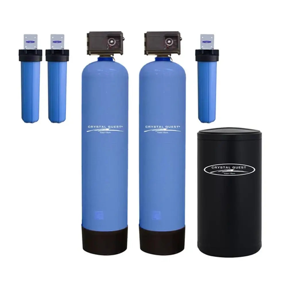 Crystal Quest High Flow Water Filtration system with twin blue tanks, three cartridge filters, and black tank.
