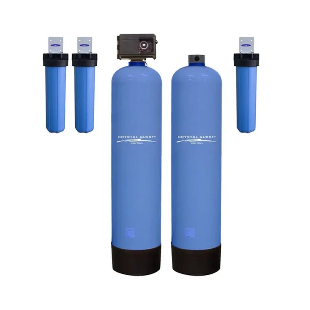 Crystal Quest High Flow Water Filtration system with two blue media tanks and three cartridge filters