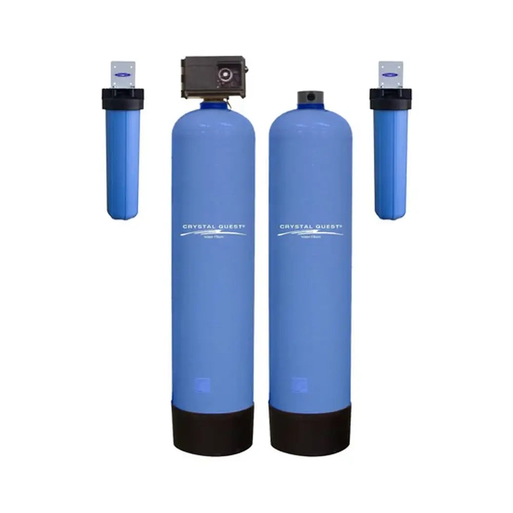 Crystal Quest High Flow Water Filtration system with two blue tanks and two side cartridge filters.