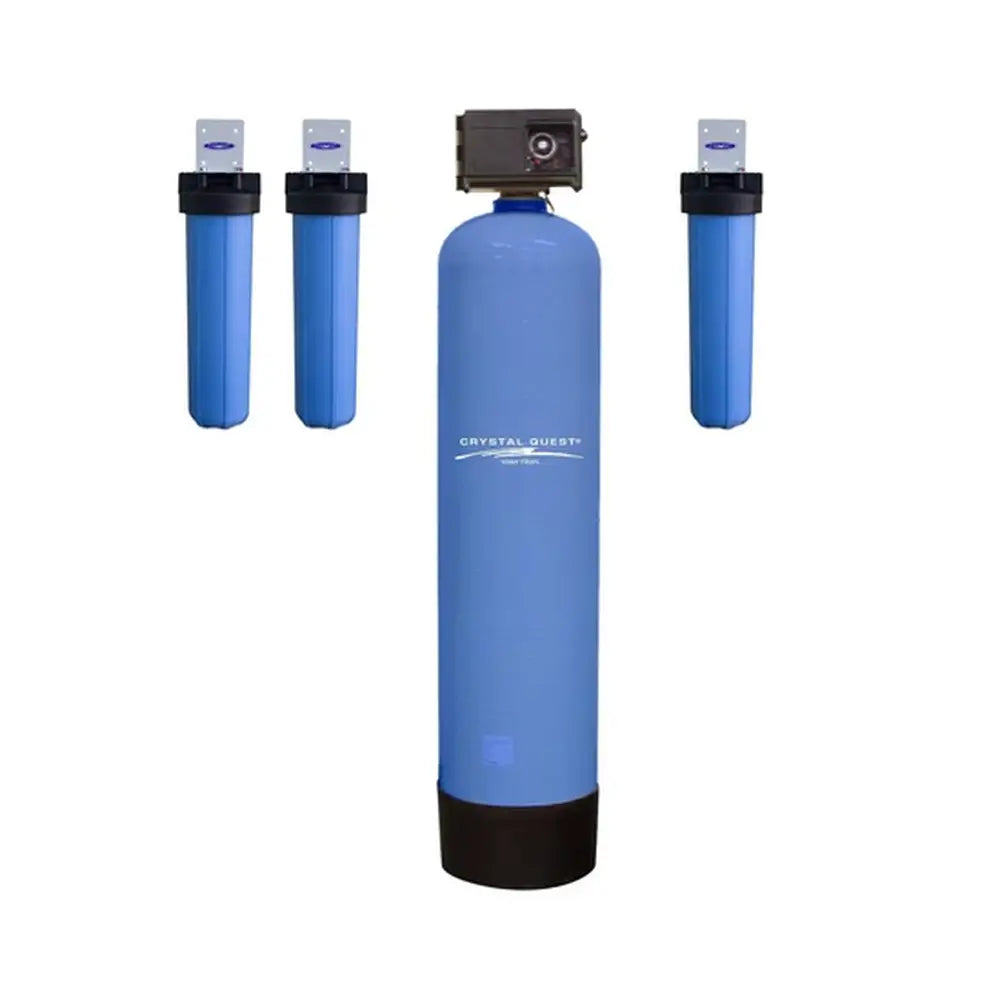 Crystal Quest High Flow Water Filtration system with single blue tank and three cartridge filter housings.