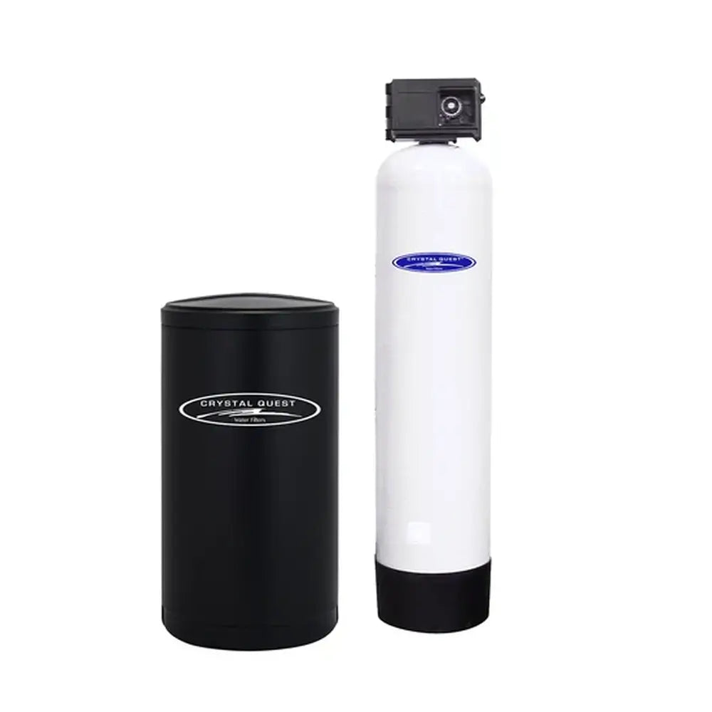 Front view of Crystal Quest commercial water softener featuring a slim white tank, electronic control valve, and black salt tank.