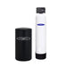 Front view of Crystal Quest commercial water softener featuring a slim white tank, electronic control valve, and black salt tank.