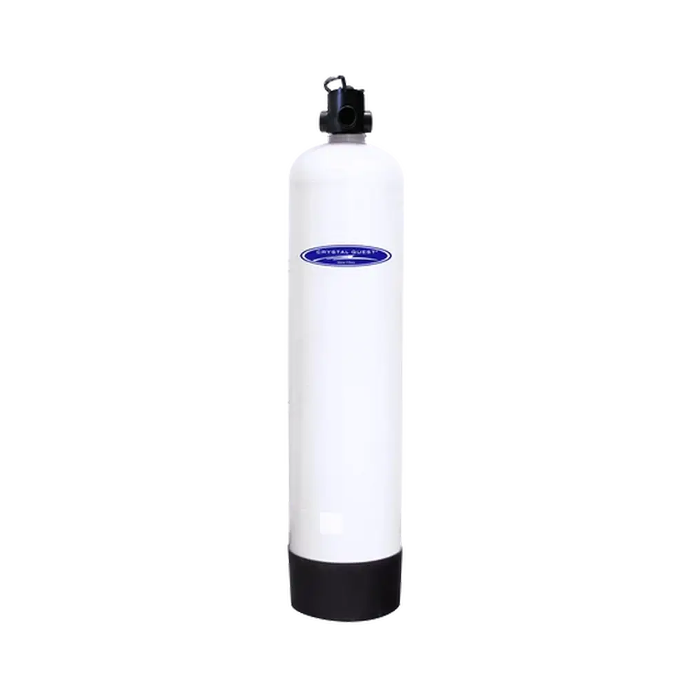Industrial Crystal Quest demineralizing water filtration system with white cylinder tank and top port connection for high-capacity use.