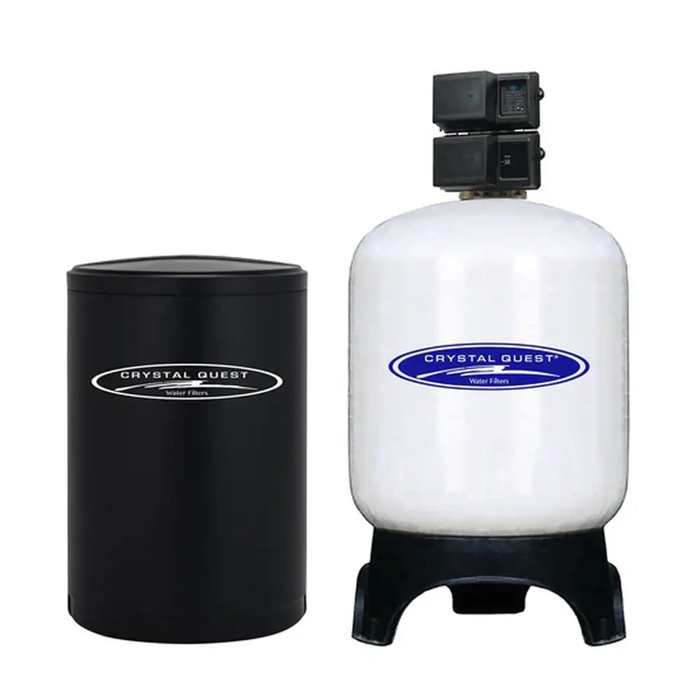 Heavy-duty Crystal Quest commercial water softener system with a large, stout white tank and black brine tank.