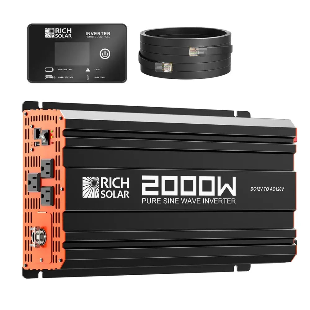 Rich Solar 2000W 12V industrial pure sine wave inverter kit complete with digital LCD remote control panel and communication cable.