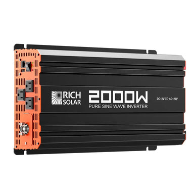 Rich Solar NOVA PURE 2K 2000W pure sine wave inverter with black and orange industrial chassis showing AC outlets and power switches.