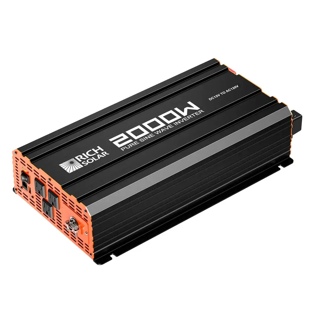High-angle perspective view of the Rich Solar 2000W pure sine wave inverter displaying the AC output side panel and mounting flanges.