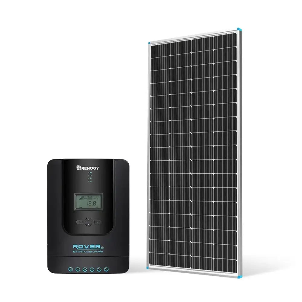 Renogy 200W 12V solar panel next to a black Renogy Rover 40A MPPT Charge Controller with a digital LCD display showing 12.8V.