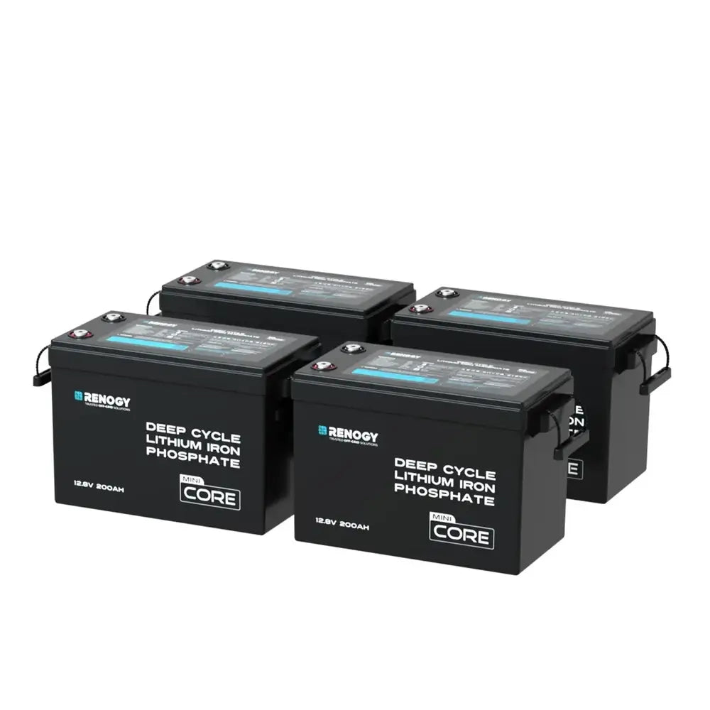 A 4-pack bundle of Renogy Core Mini 12V 200Ah Deep Cycle Lithium Iron Phosphate (LiFePO4) batteries with built-in low-temperature protection on a plain white background.
