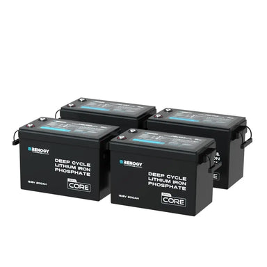 A 4-pack bundle of Renogy Core Mini 12V 200Ah Deep Cycle Lithium Iron Phosphate (LiFePO4) batteries with built-in low-temperature protection on a plain white background.