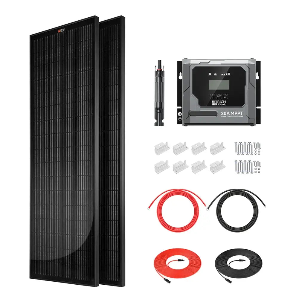 Rich Solar 200W Slim Solar Kit components including two 100W slim solar panels, 30A MPPT charge controller, mounting Z-brackets, and extension cables.