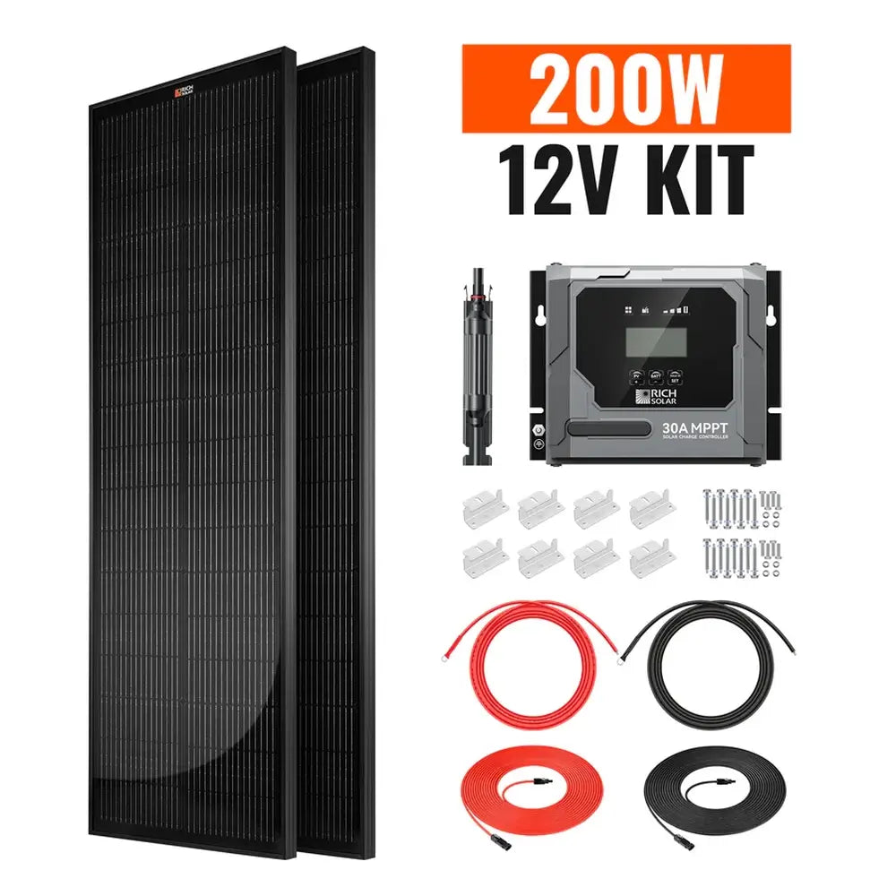 Rich Solar 200W 12V Slim Solar Kit package with 30A MPPT solar charge controller, wires, and mounting hardware on a white background.