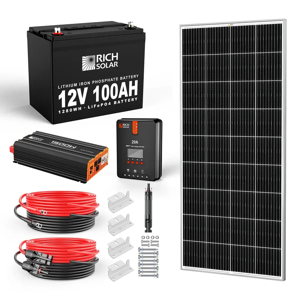 Rich Solar 200W complete solar kit components including a 12V 100Ah LiFePO4 battery, 1500W pure sine wave inverter, 20A MPPT charge controller, solar panel, and installation cables.