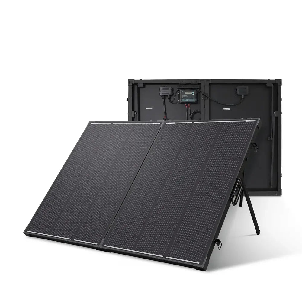 Front and rear view of the Renogy 200W 12V N-Type portable solar panel suitcase kit set up on integrated kickstands against a white background.