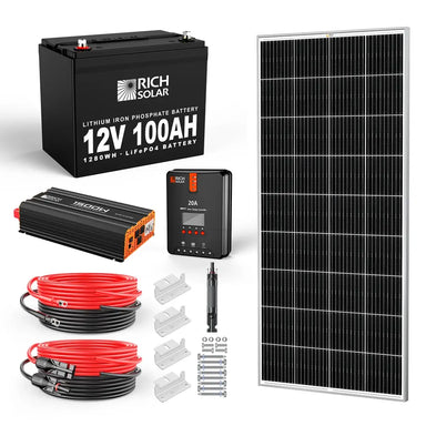 Rich Solar 200W complete solar kit components including a 12V 100Ah LiFePO4 battery, 1500W pure sine wave inverter, 20A MPPT charge controller, solar panel, and installation cables.