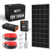 Rich Solar 200W complete solar kit components including a 12V 100Ah LiFePO4 battery, 1500W pure sine wave inverter, 20A MPPT charge controller, solar panel, and installation cables.