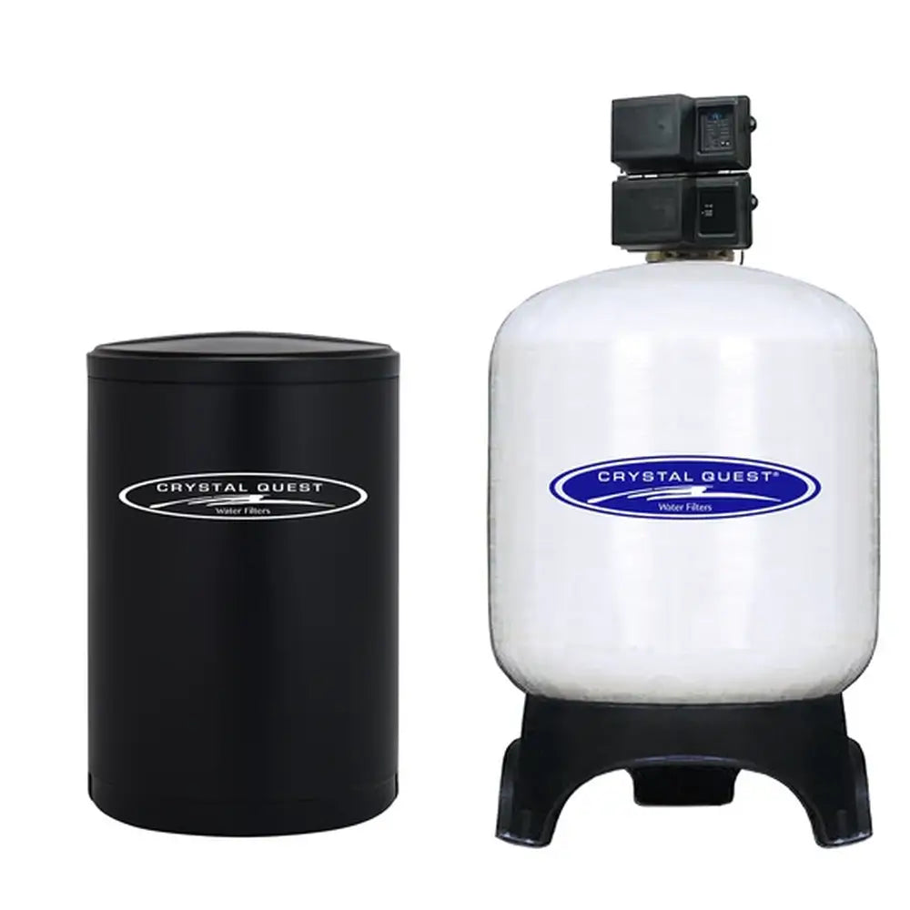 Crystal Quest commercial water softening system featuring a high-capacity stout white tank with dual control valves and a black brine tank.