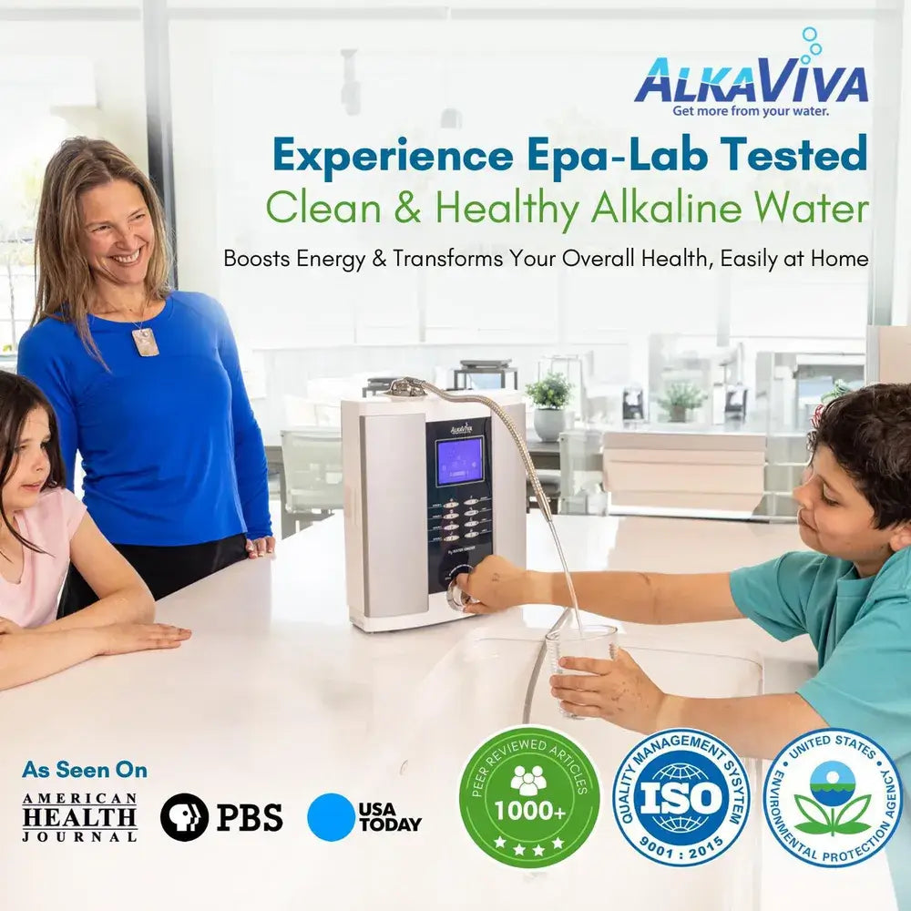 Family using AlkaViva water ionizer in kitchen