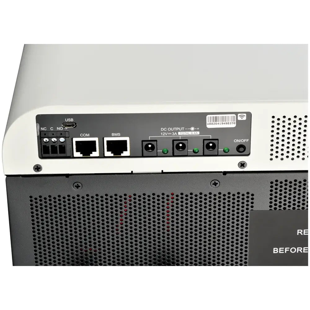 Close-up view of the communication panel on the Rich Solar NOVA 6500S inverter featuring USB, COM, BMS, and DC output ports.