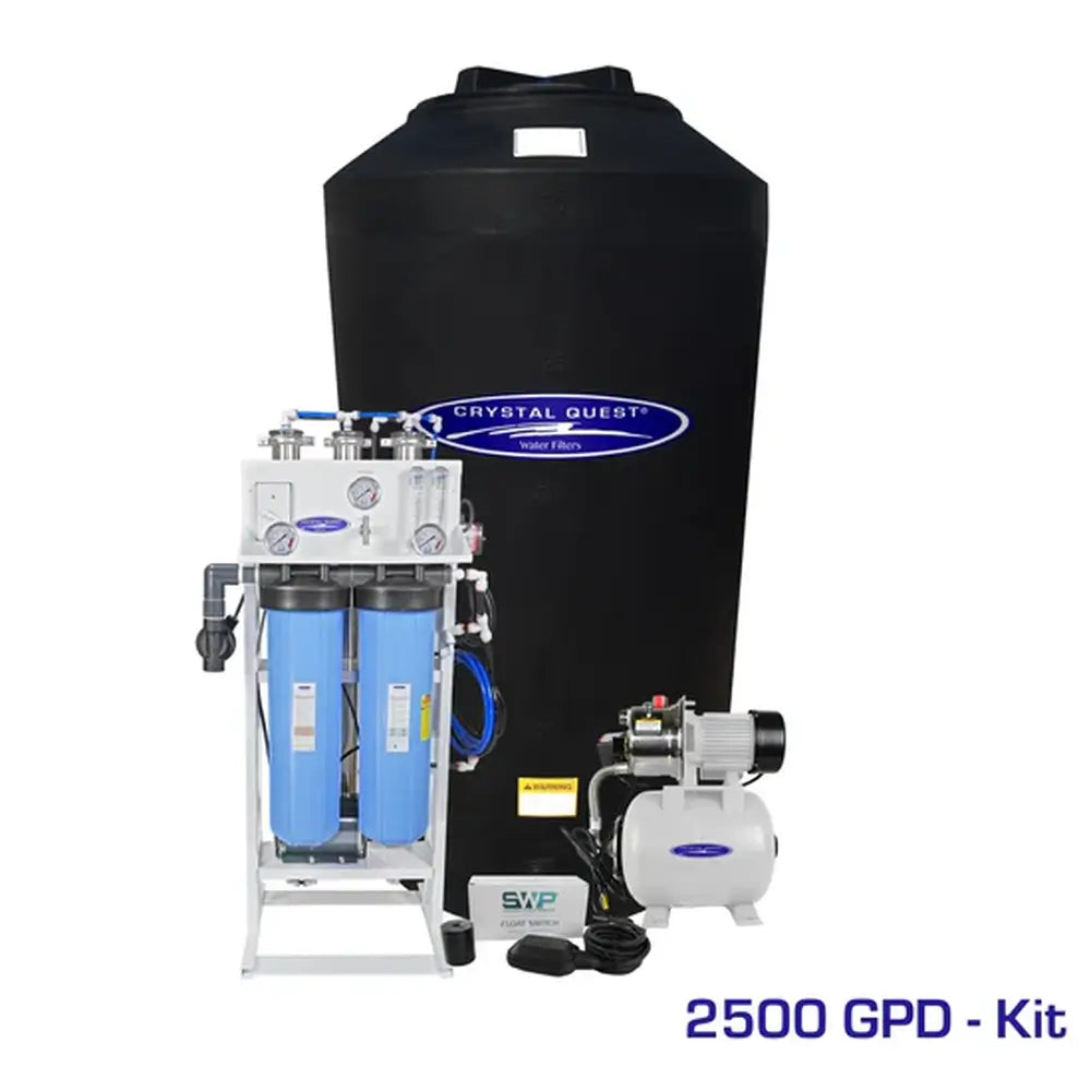 Crystal Quest 2500 GPD Whole House RO system including 165-gallon tall storage tank, delivery pump, and automatic float switch kit.