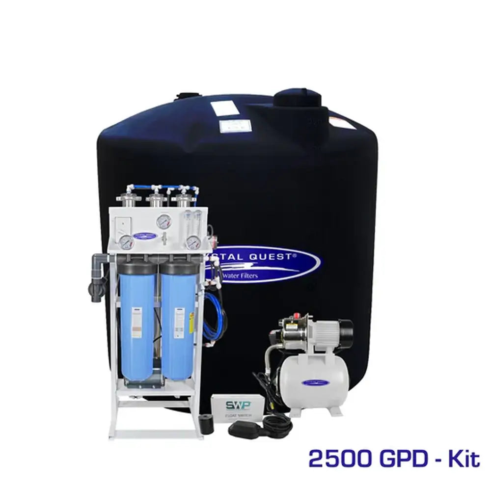 Crystal Quest 2500 GPD Whole House Reverse Osmosis System with 220-gallon wide storage tank kit, booster pump, and float switch.