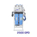 Crystal Quest 2,500 GPD standalone reverse osmosis water filtration system with vertical blue filters and high-pressure gauges.