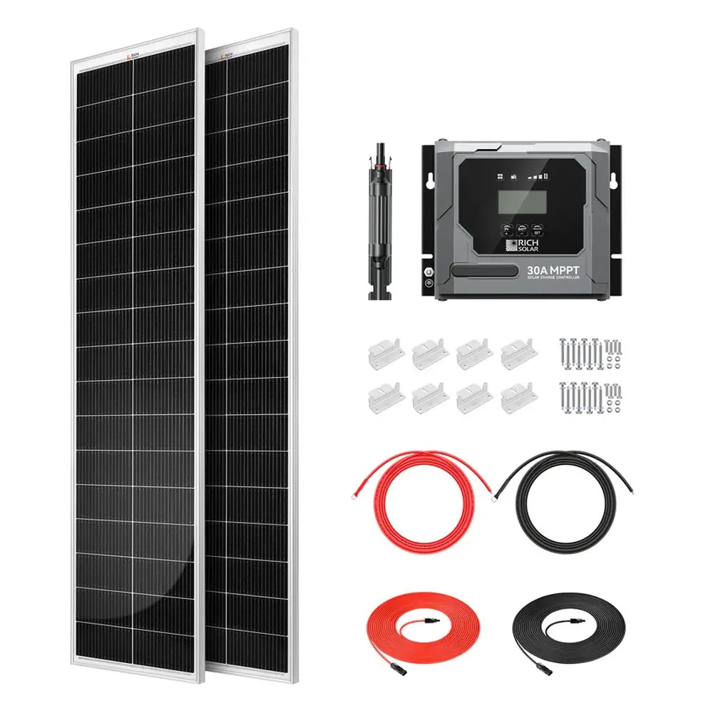 Complete components of the Rich Solar 260W Slim Solar Kit featuring two slim solar panels, a 30A MPPT solar charge controller, mounting Z-brackets, hardware, and extension cables on a white background.