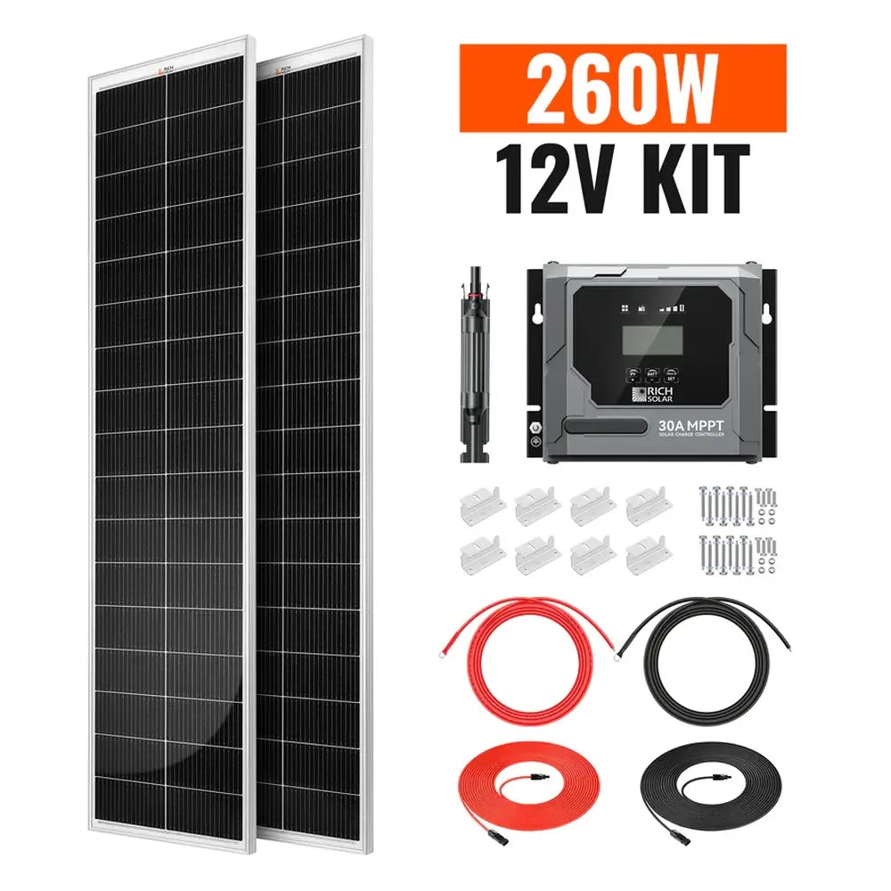 Rich Solar 260W 12V Kit product bundle showcasing two 130W slim solar panels, a 30A MPPT charge controller, installation hardware, and connection wires with a prominent orange '260W 12V KIT' text overlay.