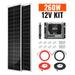 Rich Solar 260W 12V Kit product bundle showcasing two 130W slim solar panels, a 30A MPPT charge controller, installation hardware, and connection wires with a prominent orange '260W 12V KIT' text overlay.