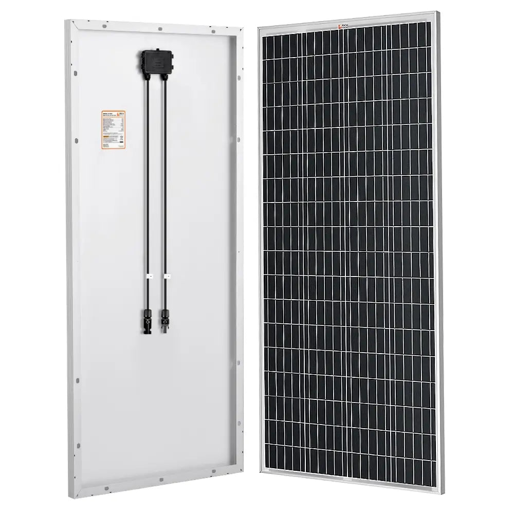 Front and back view showcase of the Rich Solar MEGA 200W 24V monocrystalline solar panel with an aluminum frame.