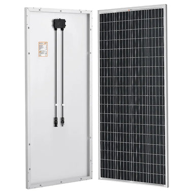 Front and back view showcase of the Rich Solar MEGA 200W 24V monocrystalline solar panel with an aluminum frame.