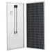 Front and back view showcase of the Rich Solar MEGA 200W 24V monocrystalline solar panel with an aluminum frame.