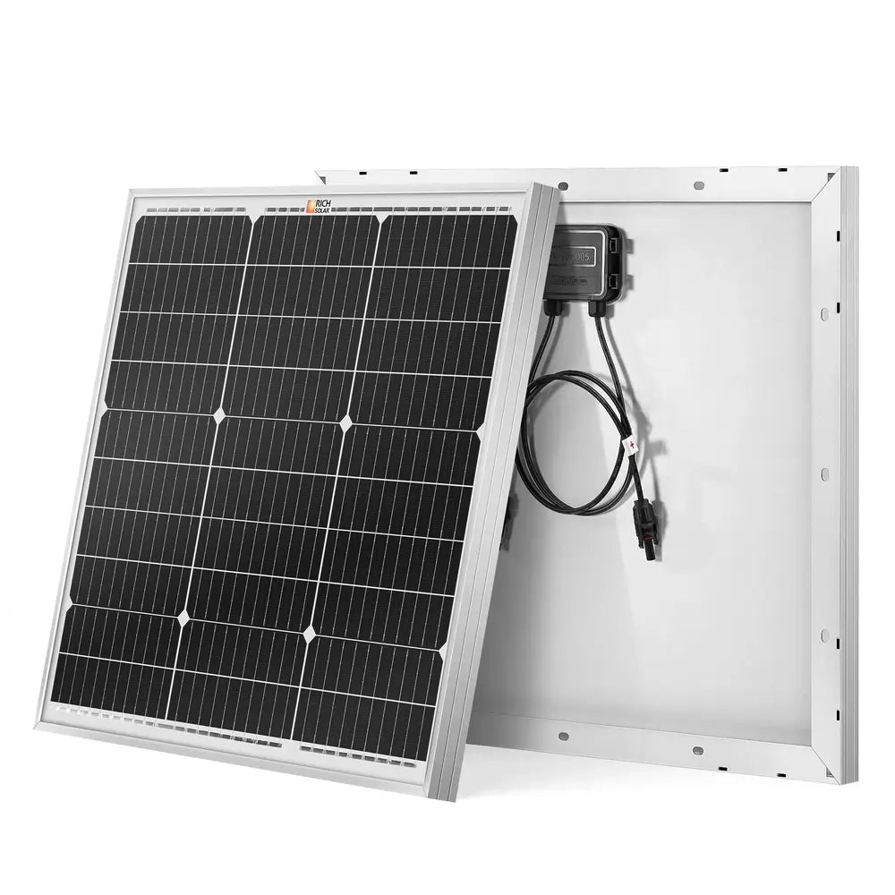 Angled product view showing the front monocrystalline cells and rear junction box of a Rich Solar 50W 12V solar panel.