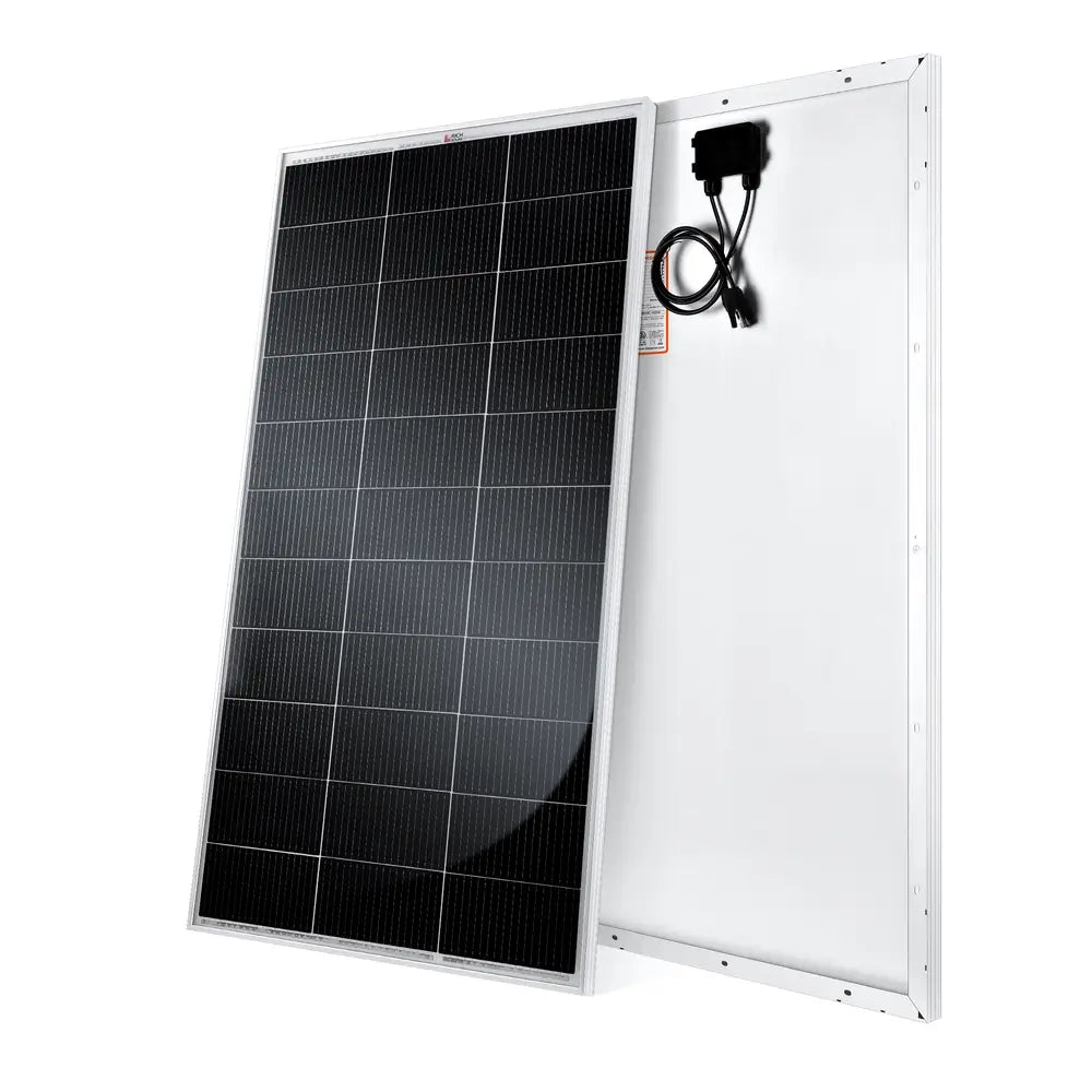 Angled front and back perspective of the Rich Solar MEGA 150 150-watt rigid solar panel showcasing the frame and junction box.