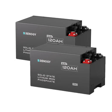 Two Renogy Pro S1 12V 120Ah solid state LiFePO4 batteries in a 2-pack configuration for off-grid solar power systems.