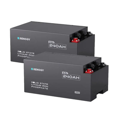 Two Renogy Pro S1 12.8V 240Ah solid state LiFePO4 batteries in a 2-pack configuration for off-grid solar power systems.
