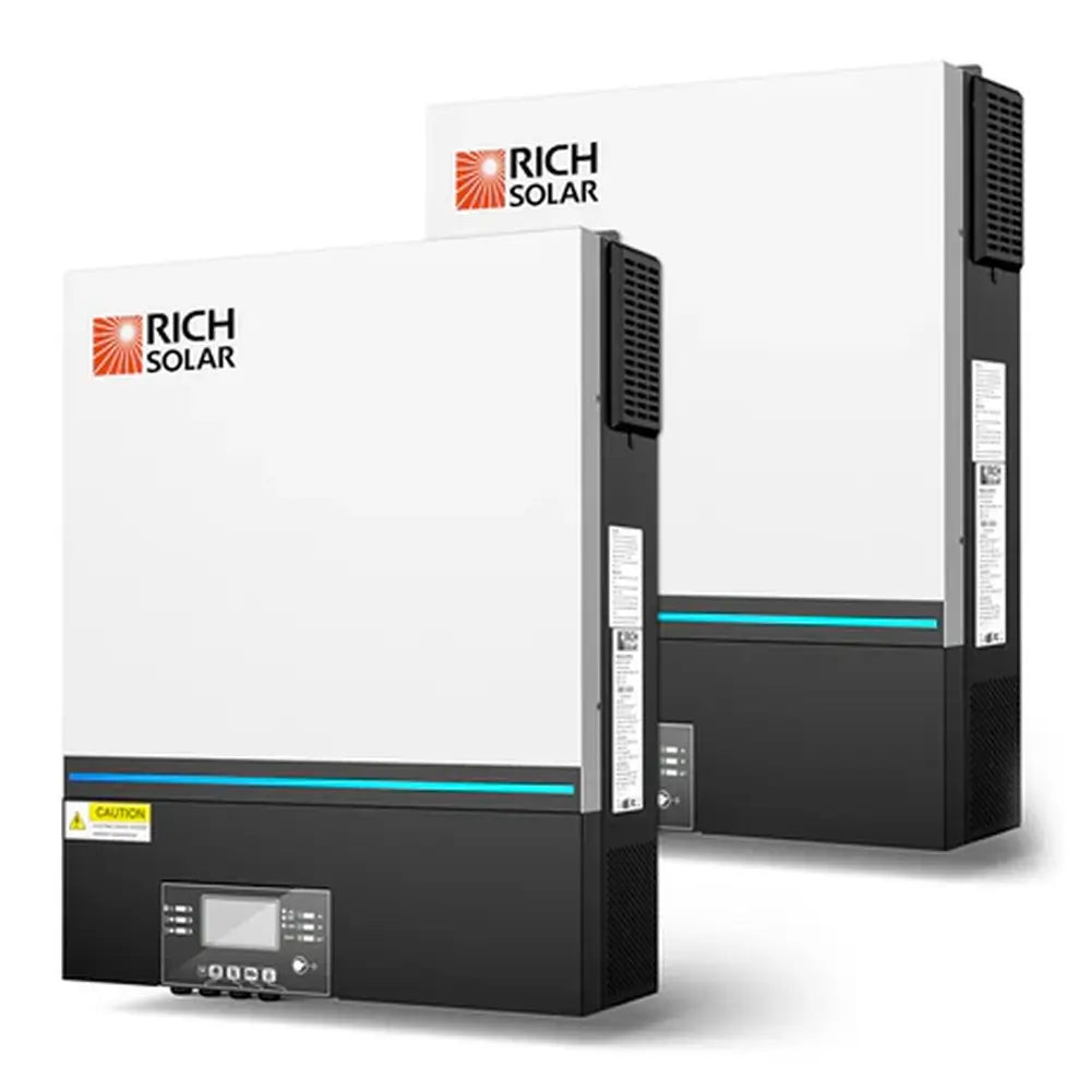 Two Rich Solar 6.5kW off-grid solar inverters, part of the RS-CBK1302 30.72kWh system kit, displaying front control panels and logos.