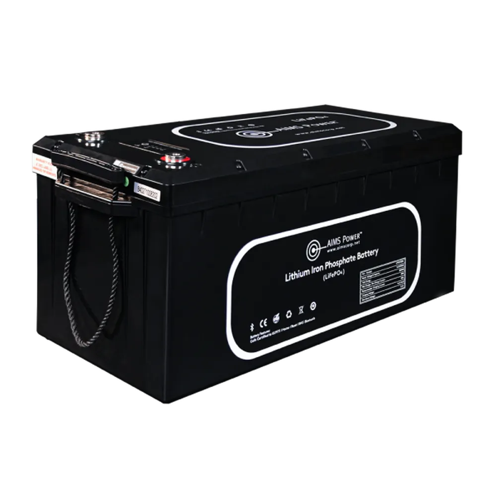 Angled view of AIMS Power 12V 300Ah LiFePO4 lithium battery with side rope handle, terminals, and durable housing.