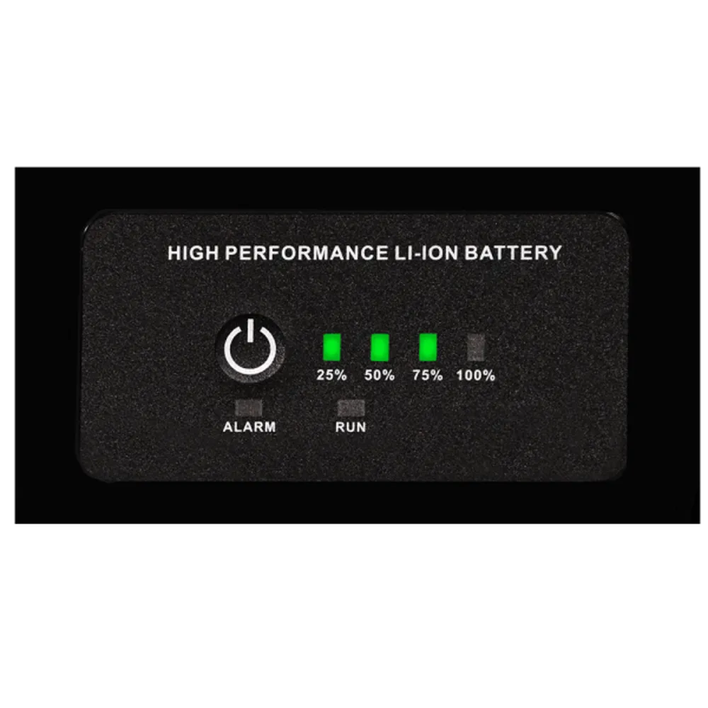 High performance lithium ion battery status panel showing alarm, run, and 25% to 100% charge indicators.