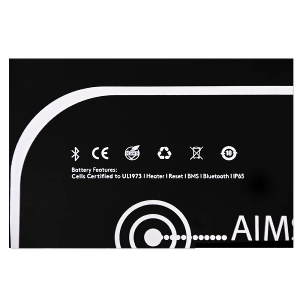 AIMS Power battery feature close-up showing Bluetooth, CE, RoHS, recycle icons, UL1973 cells, heater, reset, BMS, and IP65.