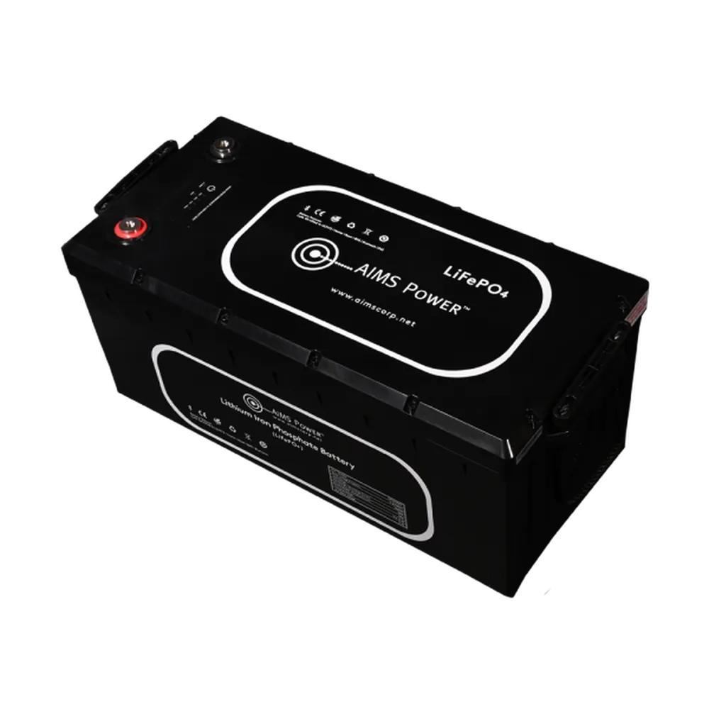 Angled top view of AIMS Power 12V 300Ah LiFePO4 battery with dual labels, top terminals, and black rugged case.