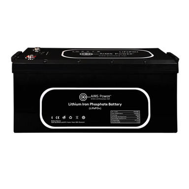 AIMS Power 12V 300Ah LiFePO4 lithium iron phosphate battery with black case, top terminals, and front label.