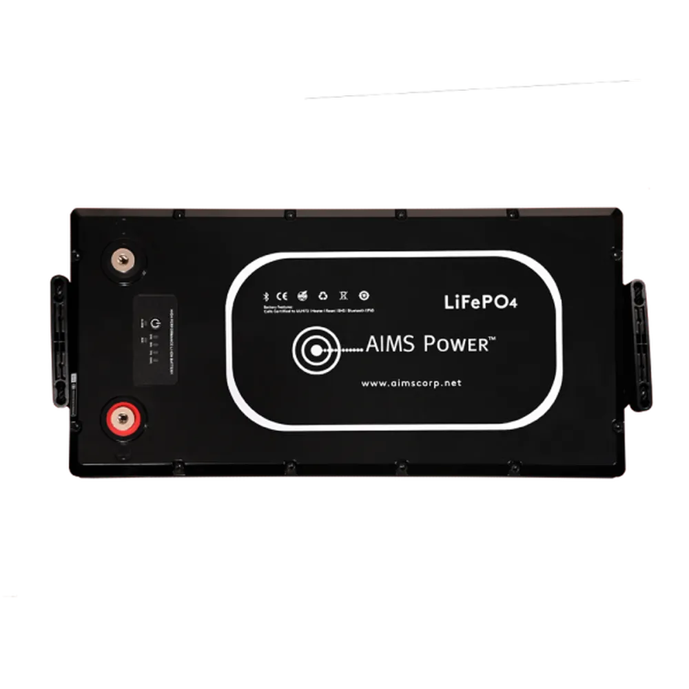 Top view of AIMS Power 12V 300Ah LiFePO4 battery with terminals, BMS label, Bluetooth features, and handles.