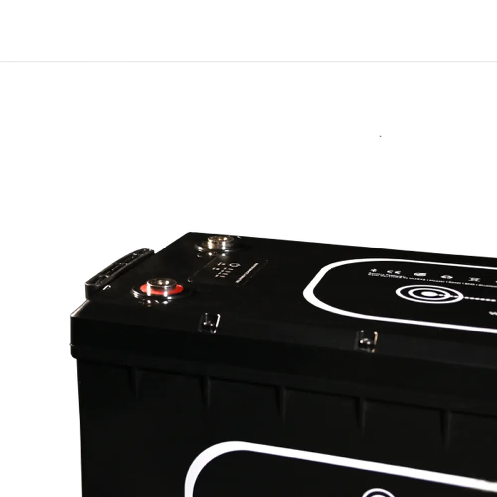 Close-up of AIMS Power LiFePO4 battery top terminals, charge indicator area, and black molded case.