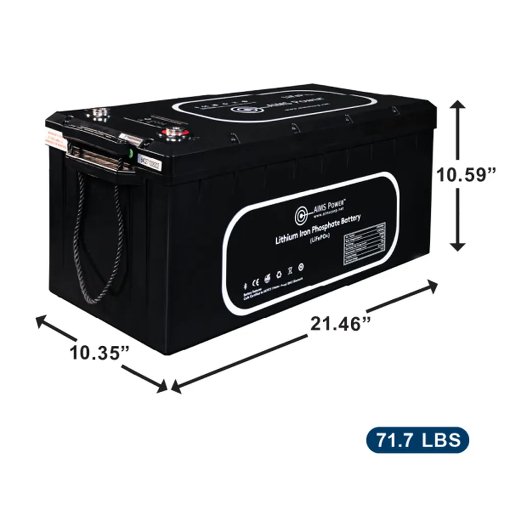 AIMS Power 12V 300Ah LiFePO4 battery with 21.46 x 10.35 x 10.59 inch dimensions and 71.7 lb weight.