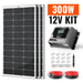 Rich Solar 300W 12V kit product showcase with orange text graphic, including three monocrystalline solar panels, 40A MPPT controller, and installation accessories.