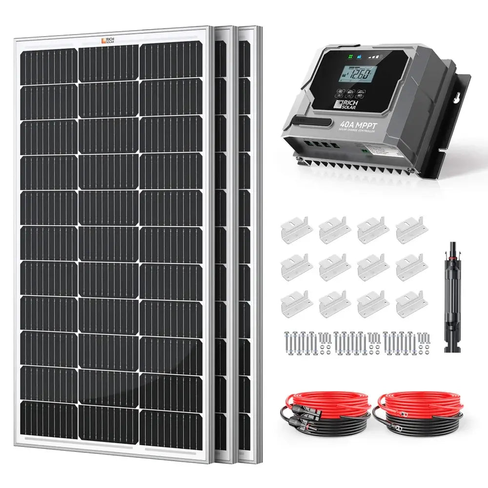 Rich Solar 300W 12V off-grid solar kit featuring three 100W solar panels, a 40A MPPT charge controller, mounting Z-brackets, hardware, and solar extension cables.